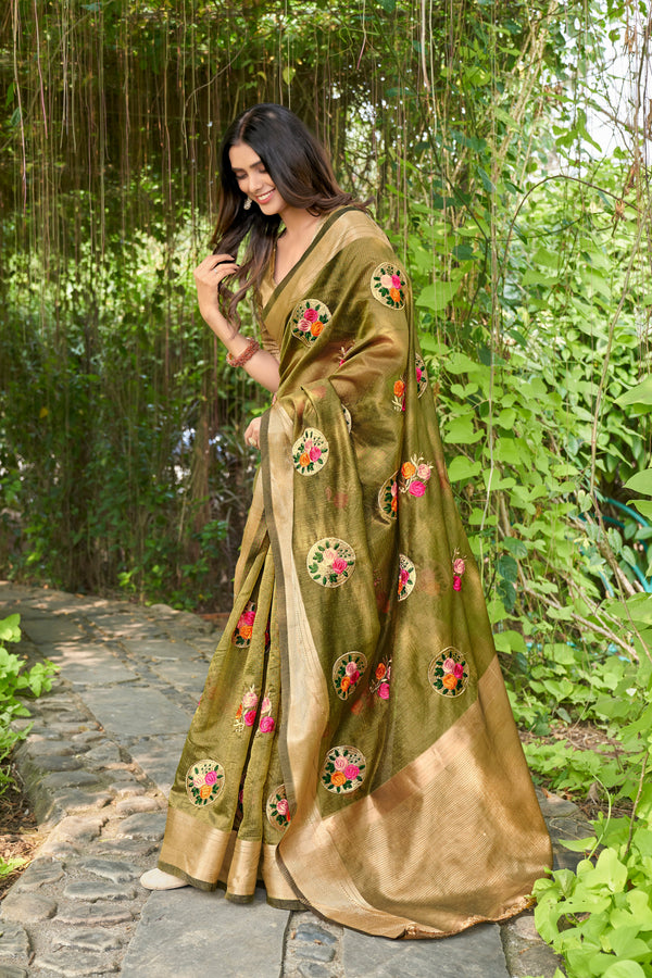 Rama Cottonâ  Saree With Cotton Zariâ  Blouse With Unstitched Blouse