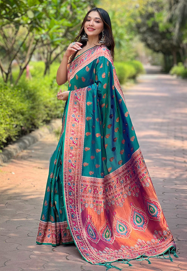 Green Paithani Saree With Unstitched Blouse