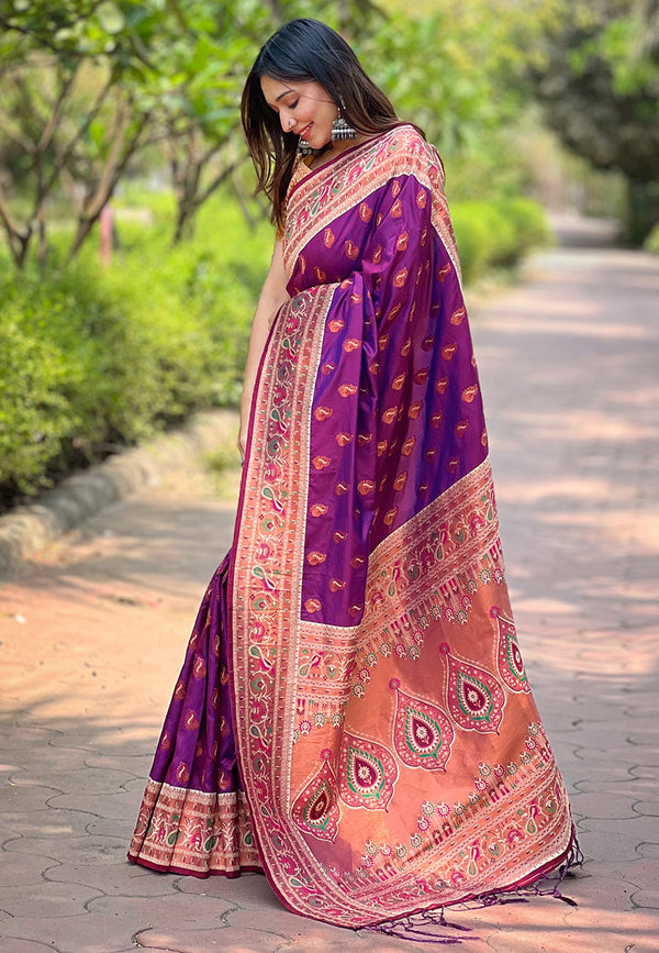 Purple Paithani Saree With Unstitched Blouse