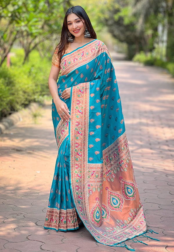 Blue Paithani Saree With Unstitched Blouse