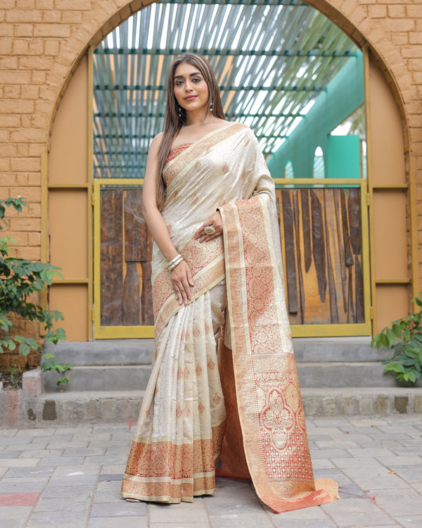 White Soft Silk Saree With Soft Silk Blouse With Unstitched Blouse