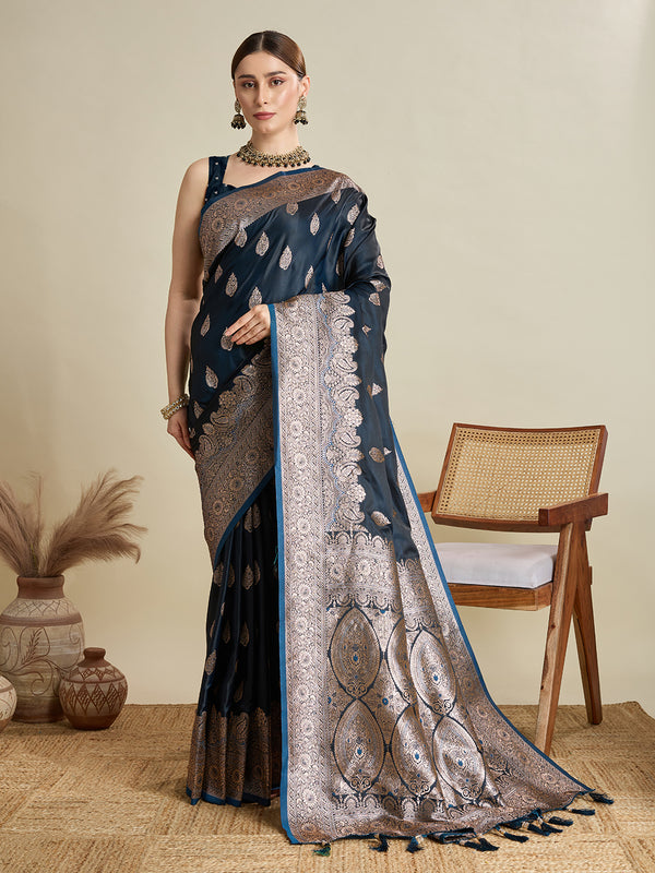 Black Soft Silk Saree Party Wear With Unstitched Blouse