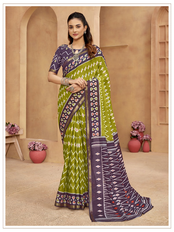 Lime Green Soft Cotton Saree With Unstiched Blouse