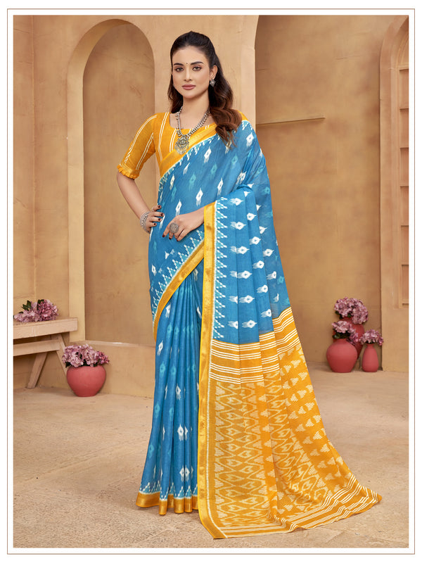 Blue Soft Cotton Saree With Unstiched Blouse