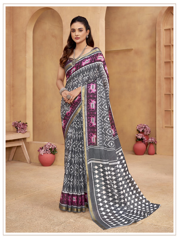 Grey Soft Cotton Saree With Unstiched Blouse