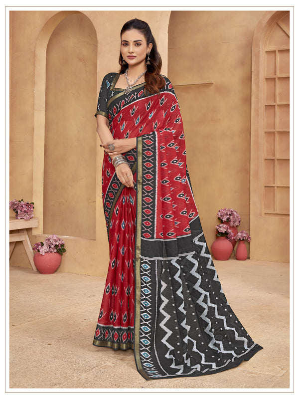 Red Soft Cotton Saree With Unstiched Blouse