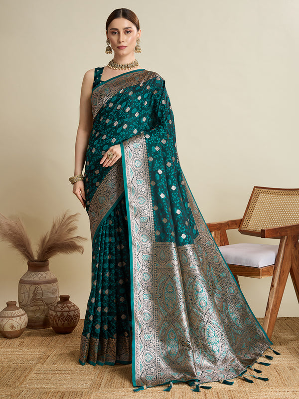 Green Soft Silk Saree Party Wear With Unstitched Blouse