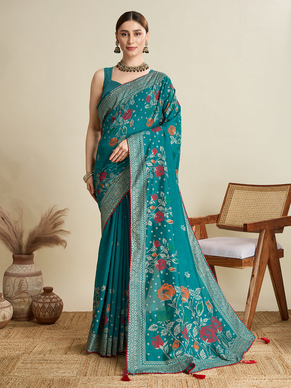 Rama Green Cotton Saree Party Wear With Unstitched Blouse