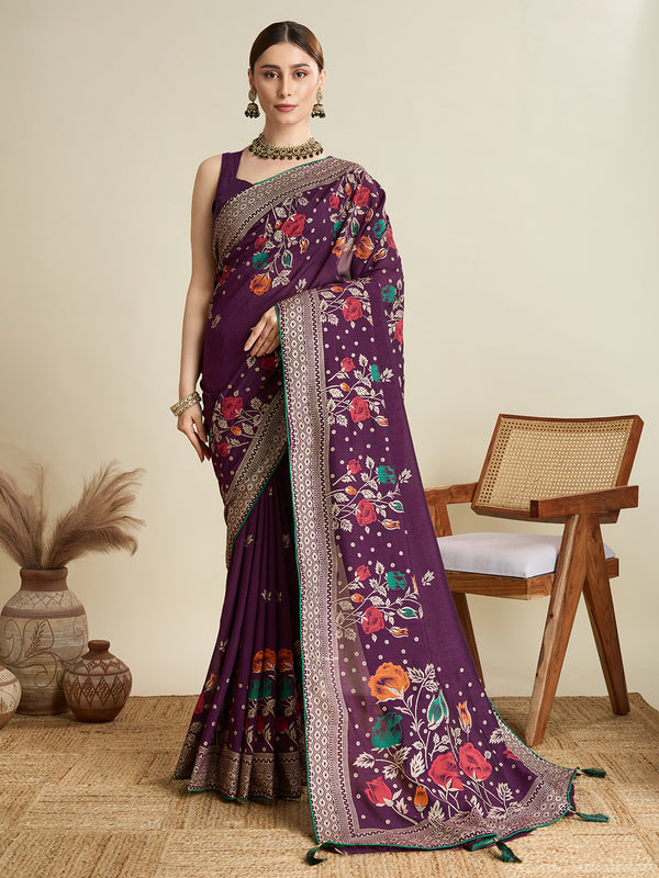 Voilet Cotton Saree Party Wear With Unstitched Blouse
