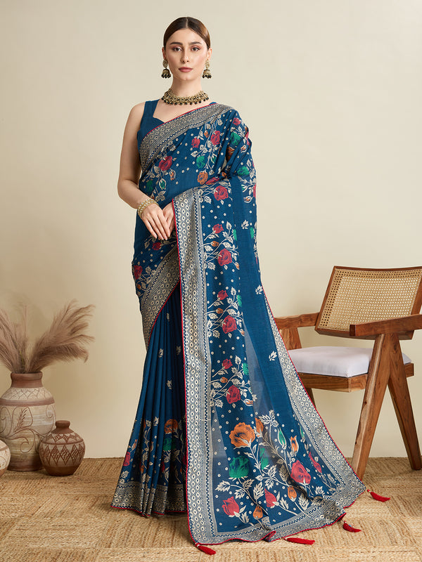 Blue Cotton Saree Party Wear With Unstitched Blouse