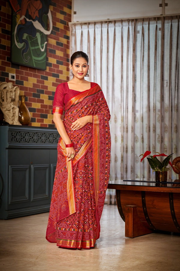 Red Soft Cotton Saree With Unstiched Blouse