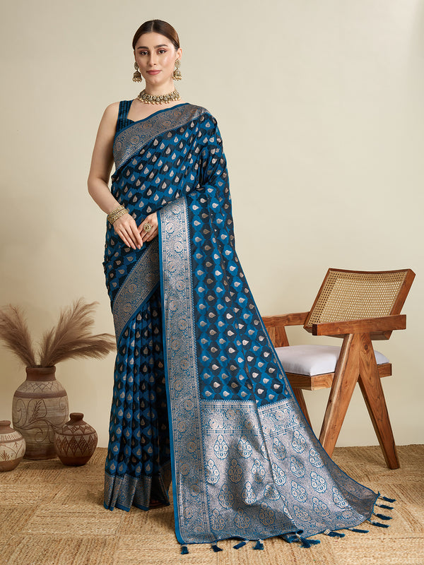 Blue Soft Silk Saree Party Wear With Unstitched Blouse