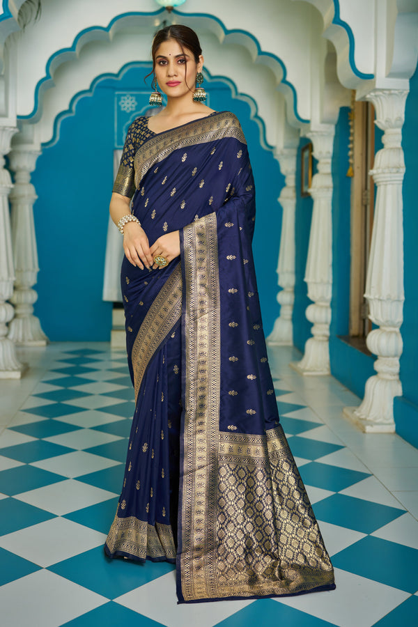 Blue Silk Saree With Unstitched Blouse