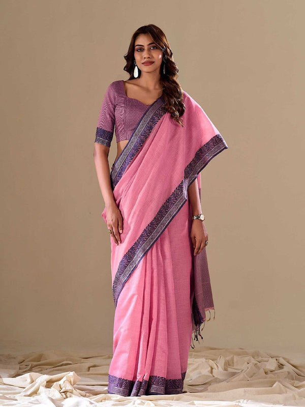 Pink Cotton Saree With Unstitched Blouse