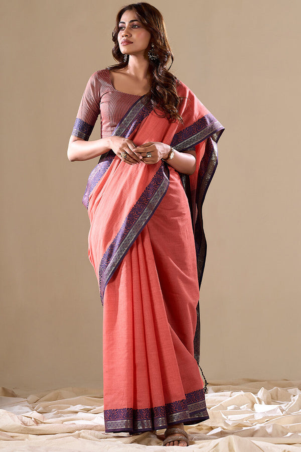 Dark Orange Cotton Saree With Unstitched Blouse`
