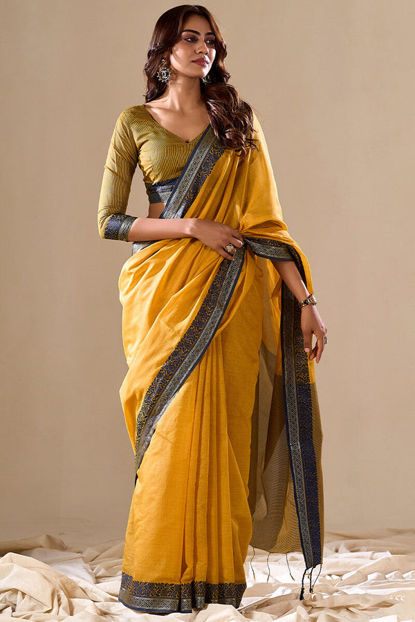 Yellow Cotton Saree With Unstitched Blouse