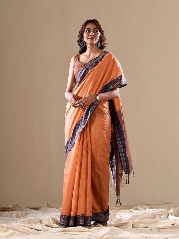 Light Orange Cotton Saree With Unstitched Blouse