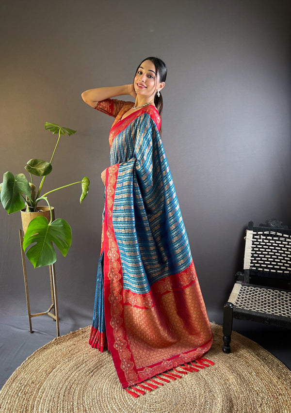 Indigo Soft Silk Zari Border Saree With Unstitched Blouse