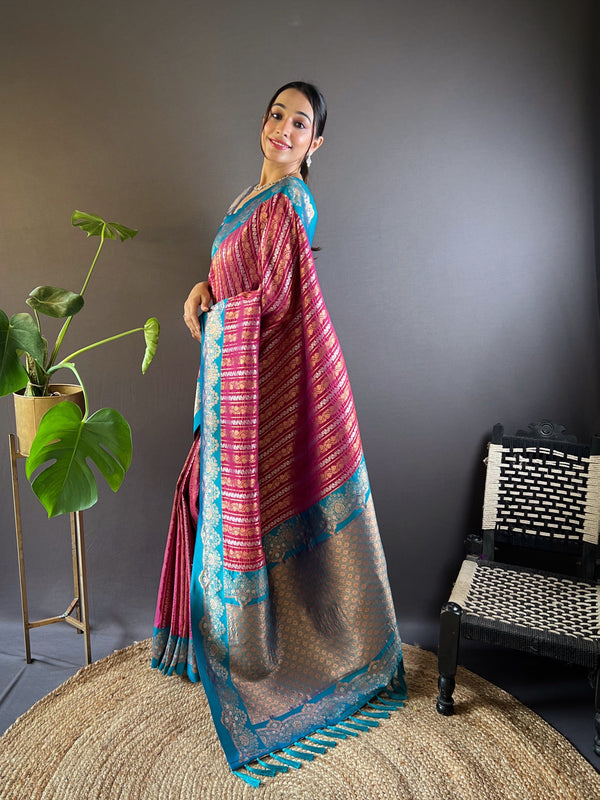 Purple Soft Silk Zari Border Saree With Unstitched Blouse