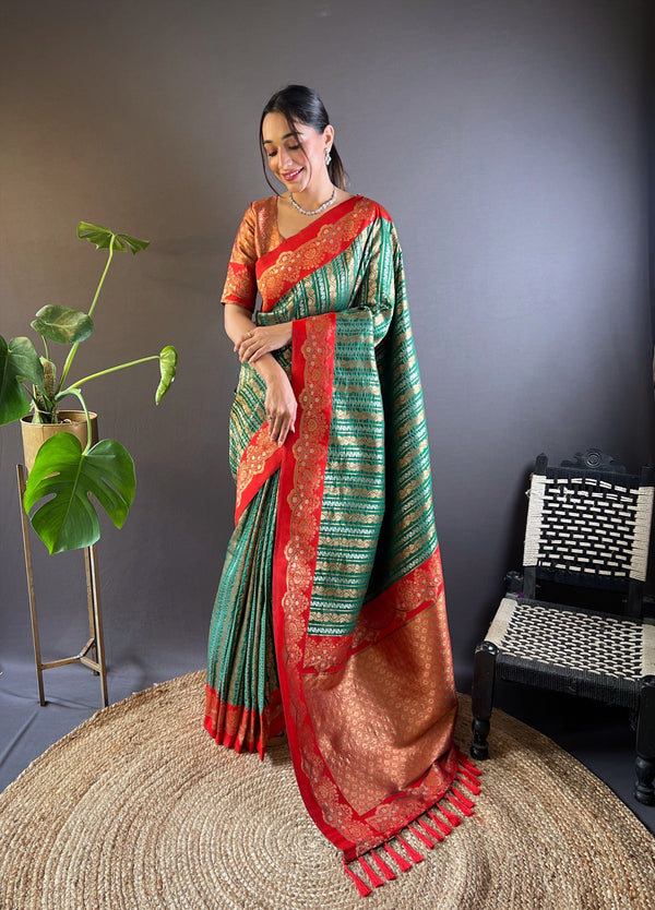Green Soft Silk Zari Border Saree With Unstitched Blouse