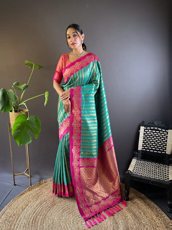 Teal Soft Silk Zari Border Saree With Unstitched Blouse
