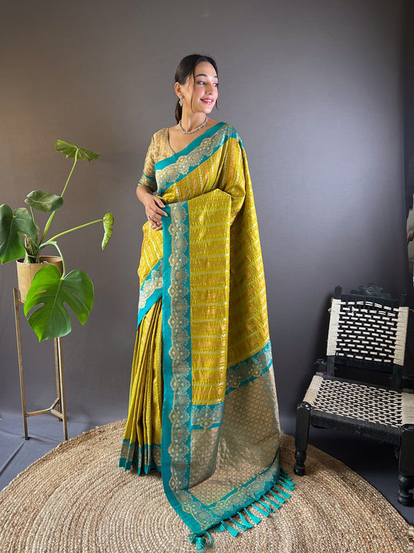 Mahendi Soft Silk Zari Border Saree With Unstitched Blouse