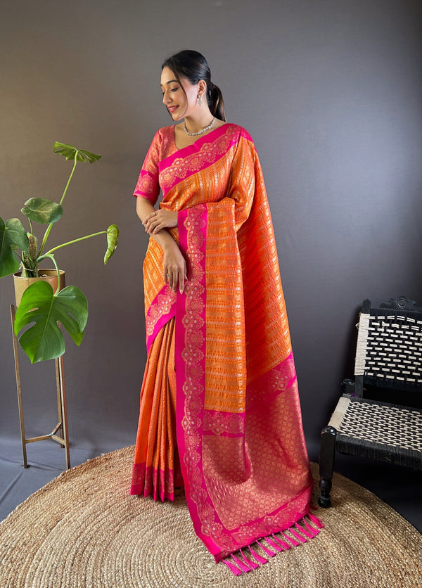 Orange Soft Silk Zari Border Saree With Unstitched Blouse