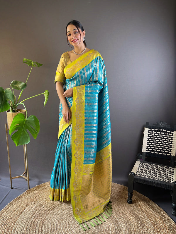 Sky Soft Silk Zari Border Saree With Unstitched Blouse