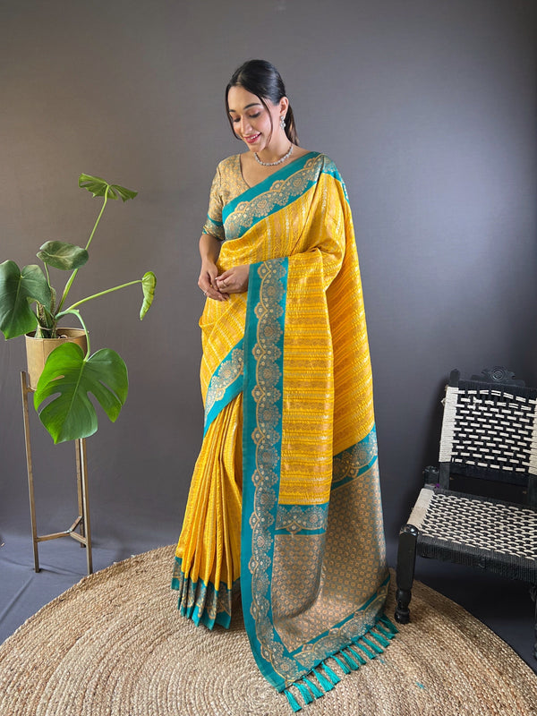 Yellow Soft Silk Zari Border Saree With Unstitched Blouse