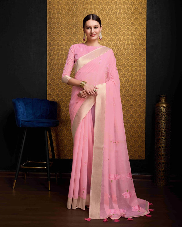 Baby Pink Linen Saree With Unstitched Blouse