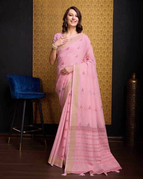 Baby Pink Organza Saree With Unstitched Blouse