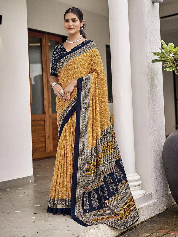 Yellow Mulmul Cottons Saree With Unstitched Blouse