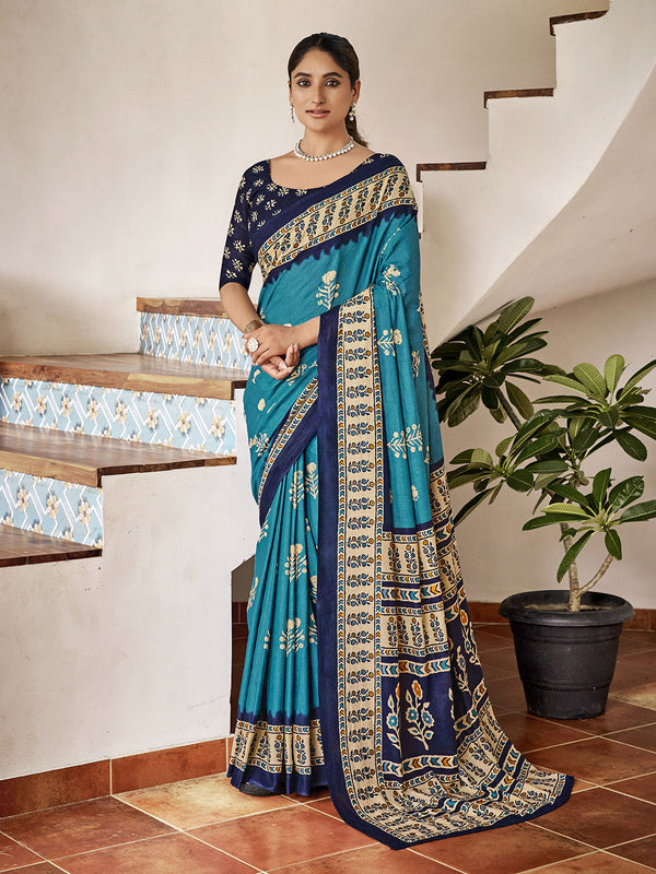 Blue Mulmul Cottons Saree With Unstitched Blouse