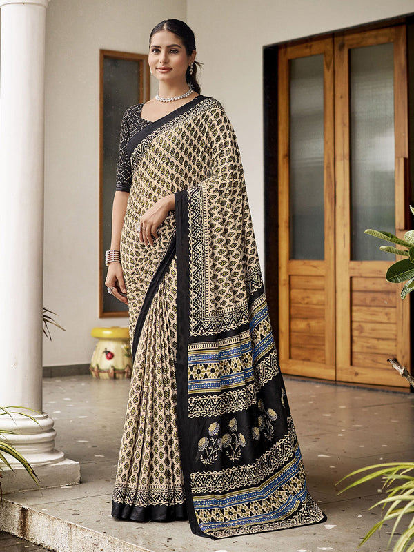 Cream Mulmul Cottons Saree With Unstitched Blouse