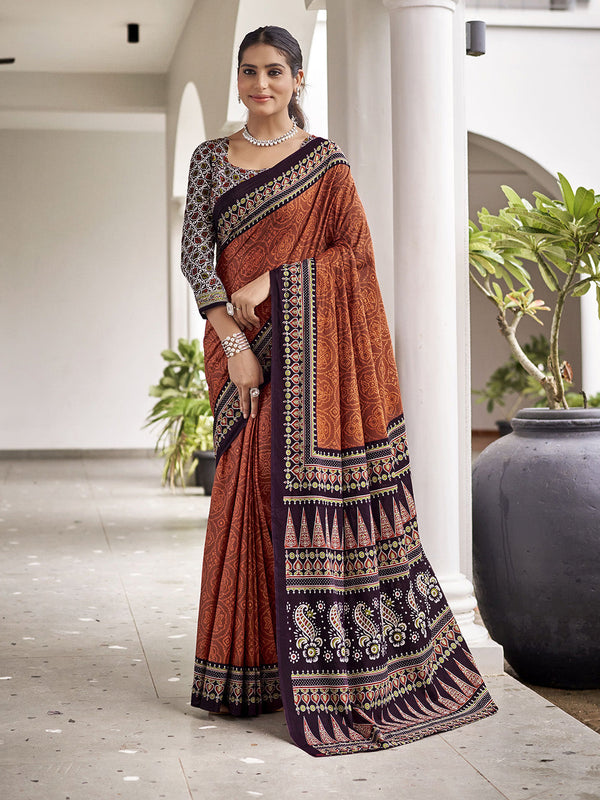 Orange Mulmul Cottons Saree With Unstitched Blouse