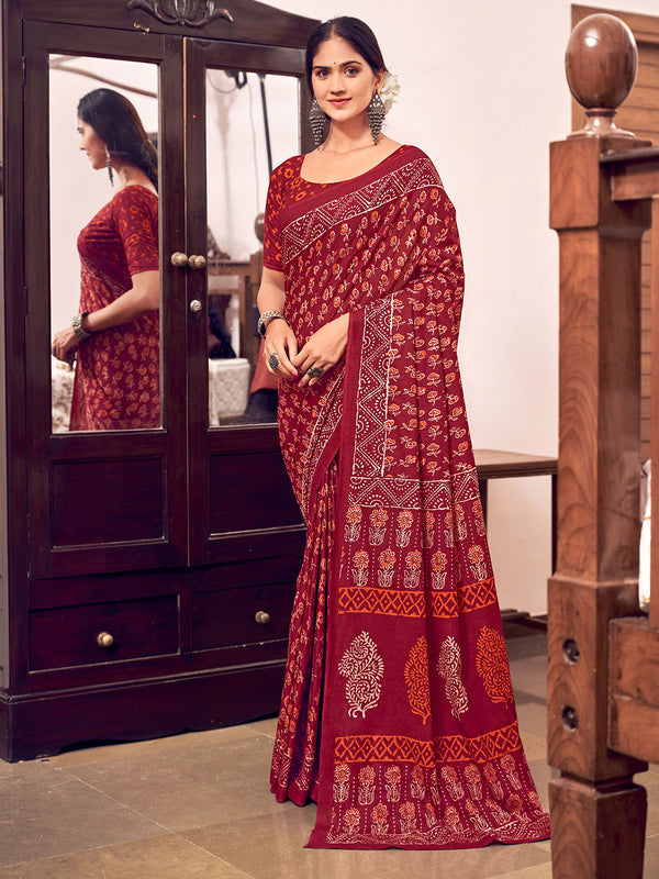 Red Mulmul Cottons Saree With Unstitched Blouse