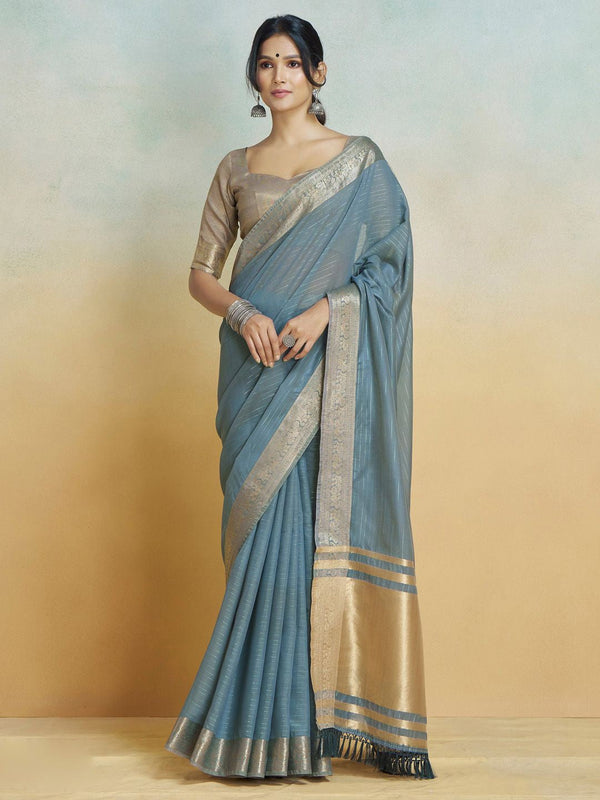 Blue Grey Silk Saree With Unstitched Blouse