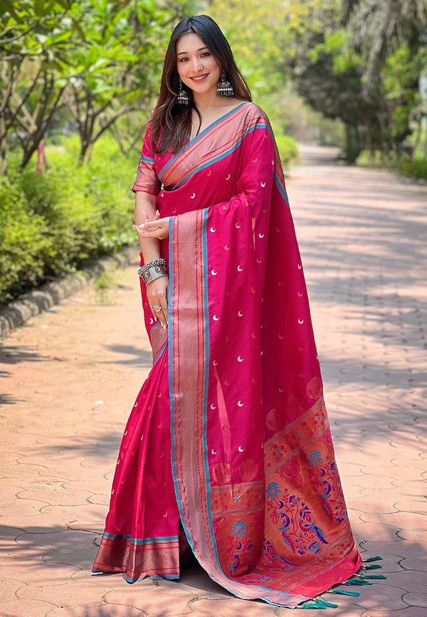Pink Moon Paithani Saree With Unstitched Blouse