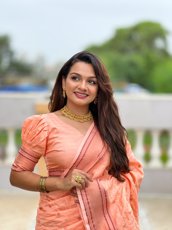 Peach Paithani Silk Zari Weaving Saree With Unstitched Blouse