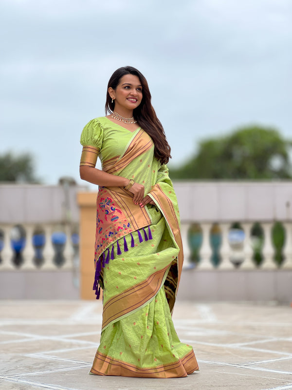 Green Paithani Saree With Unstitched Blouse