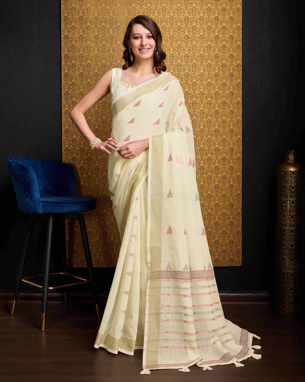 Cream Organza Saree With Unstitched Blouse
