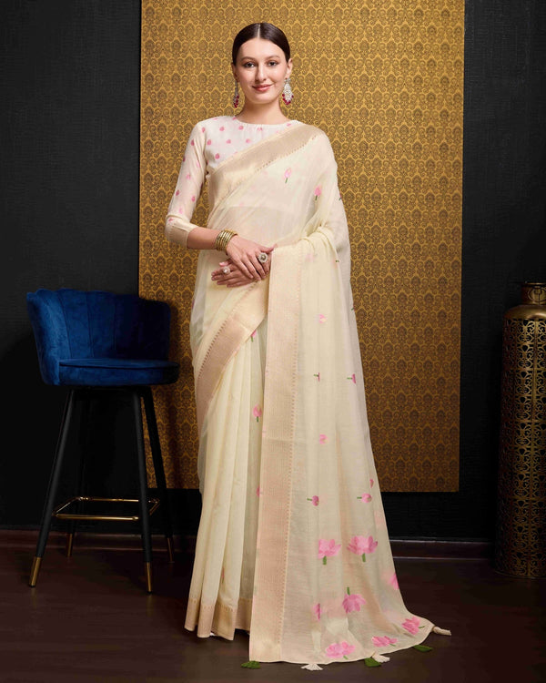 Cream Linen Saree With Unstitched Blouse