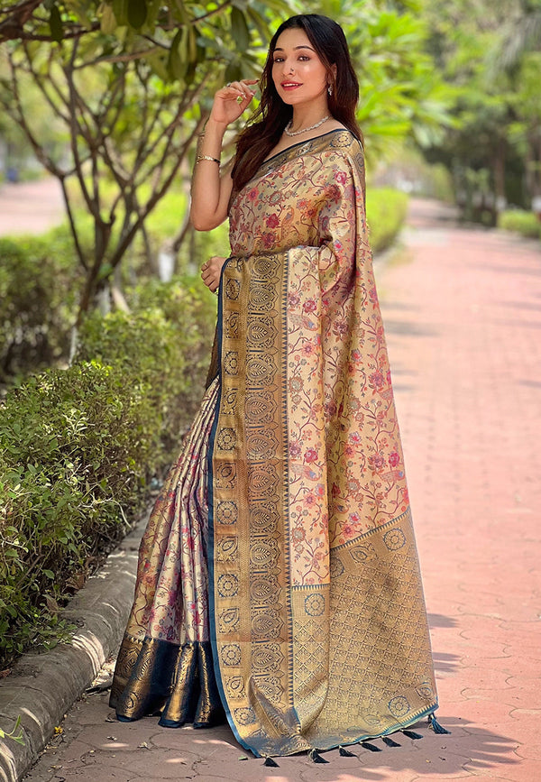Beige Banarasi Saree With Unstitched Blouse