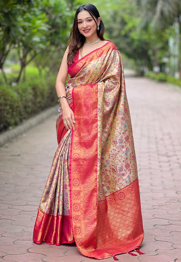 Pink Banarasi Saree With Unstitched Blouse