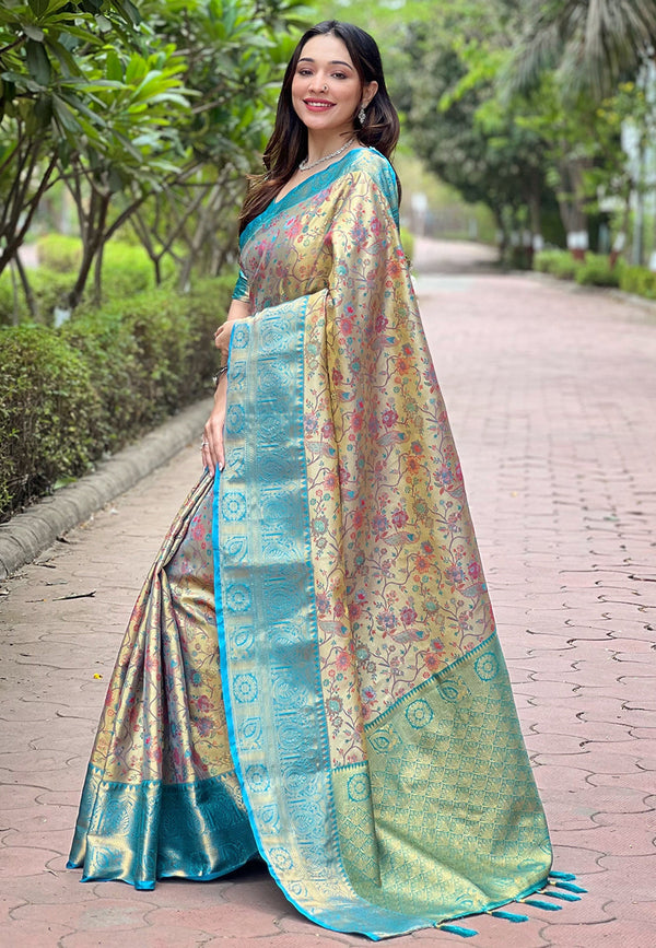 Blue Banarasi Saree With Unstitched Blouse
