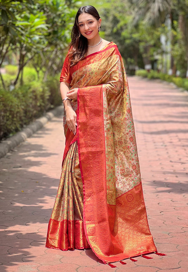 Red Banarasi Saree With Unstitched Blouse