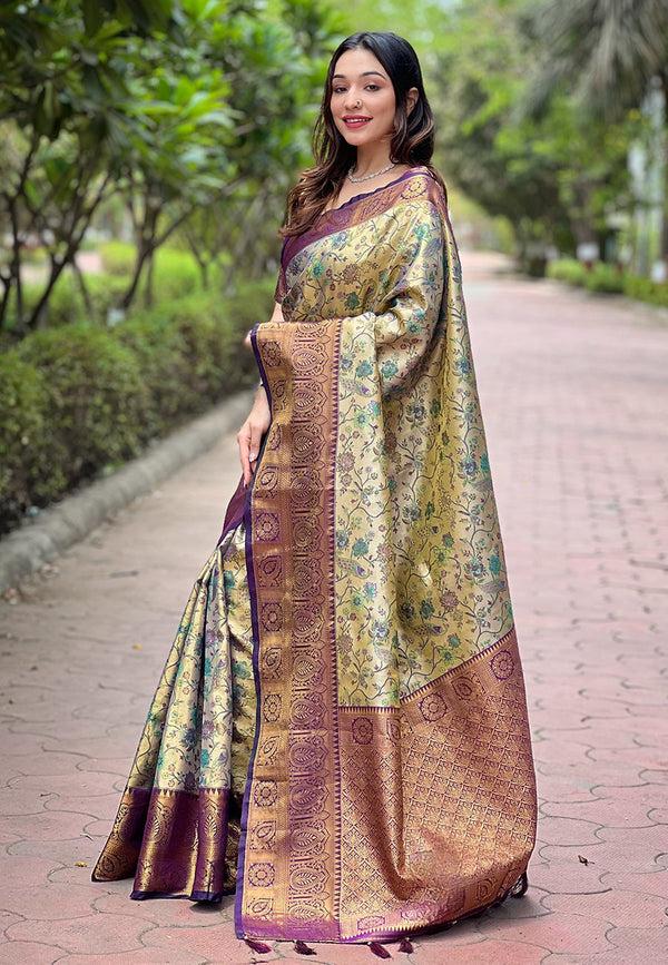 Purple Banarasi Saree With Unstitched Blouse