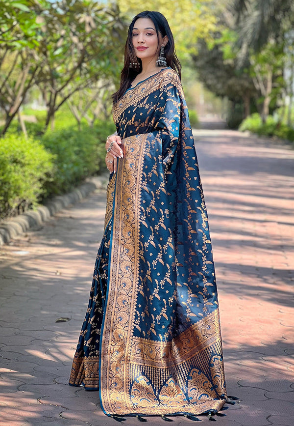 Blue Banarasi Katan Silk Saree With Unstitched Blouse