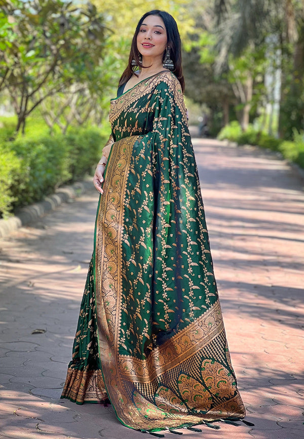 Green  Banarasi Katan Silk Saree With Unstitched Blouse