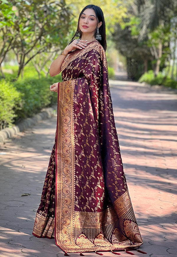 Maroon Banarasi Katan Silk Saree With Unstitched Blouse